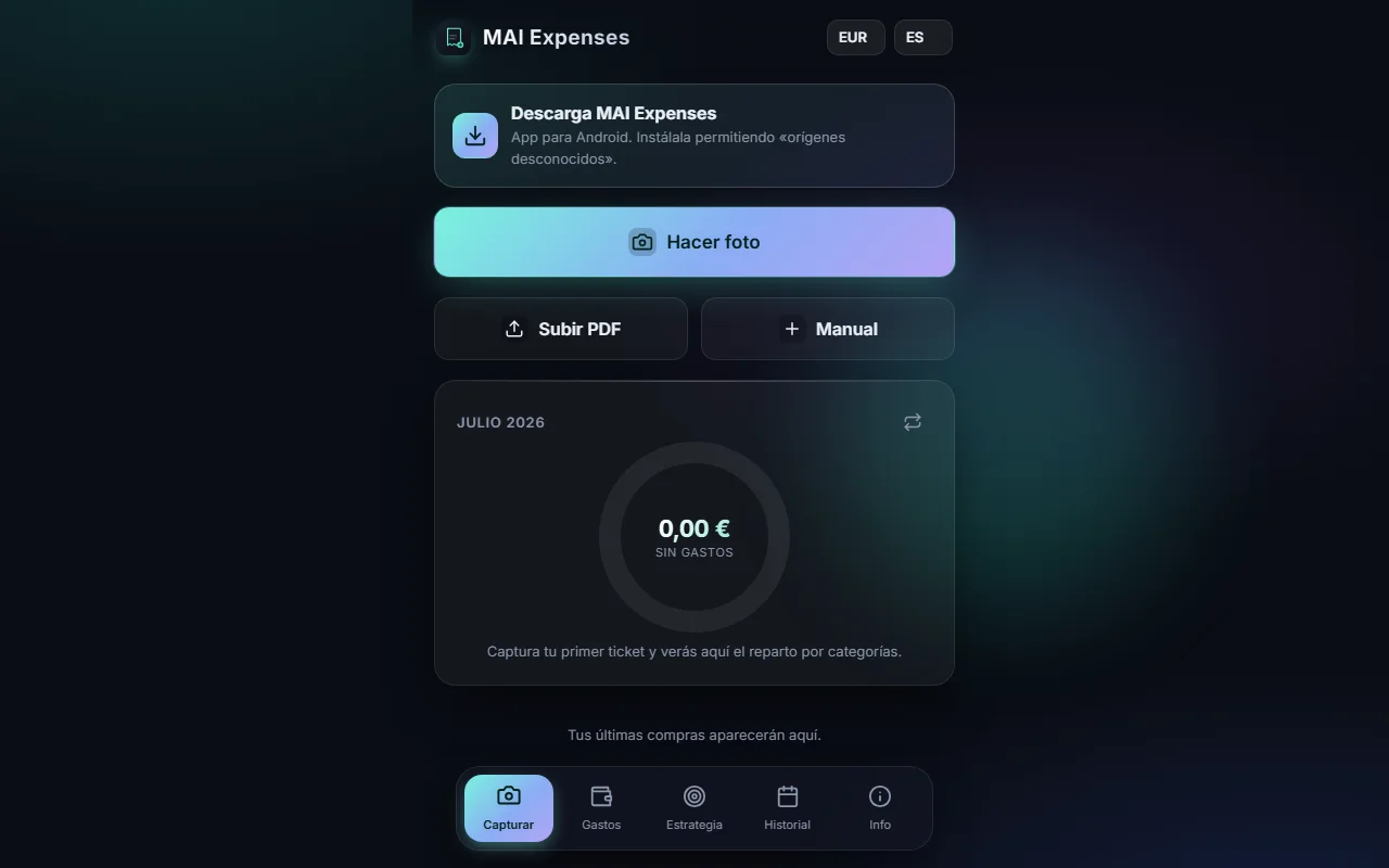 Interfaz de MAI Expenses con resumen mensual de gastos